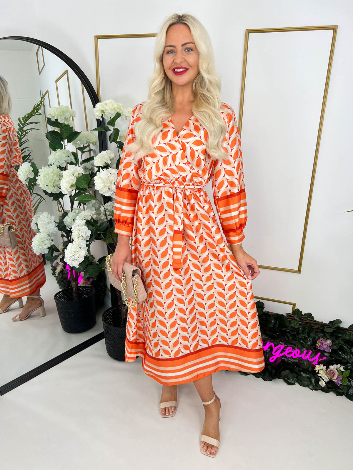 The Caitlin - Orange Abstract Midi Dress