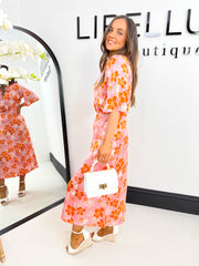 The Polly - Pink and Orange Floral Satin Midi Dress