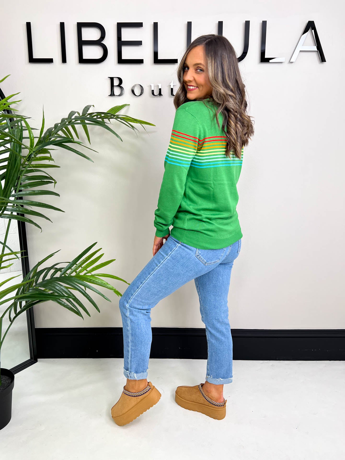 The Romey- Rainbow Stripe Green Jumper