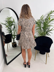 The Paula - Neutral Swirl Faux Wrap Mini Dress