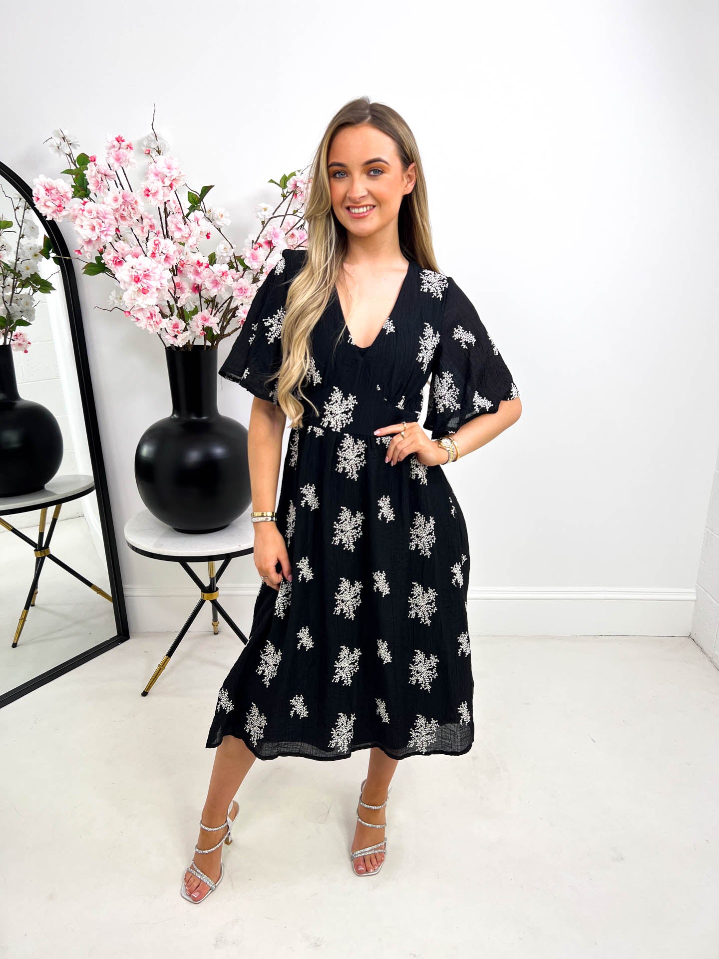 The Miriam - Black Embroidered Midi Dress