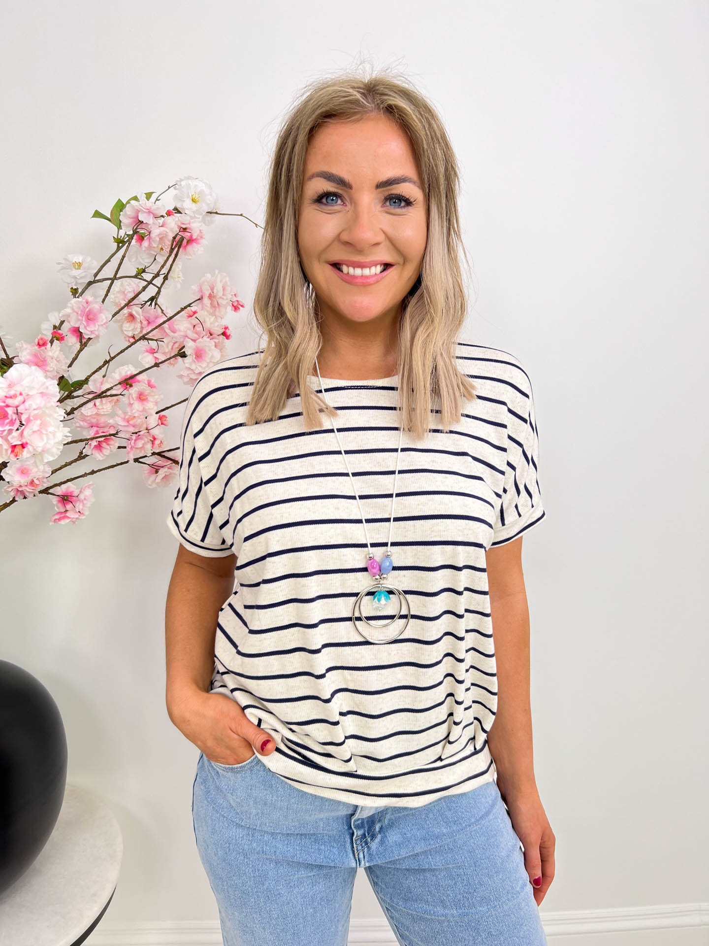 The Janice - Striped T-Shirt With Necklace