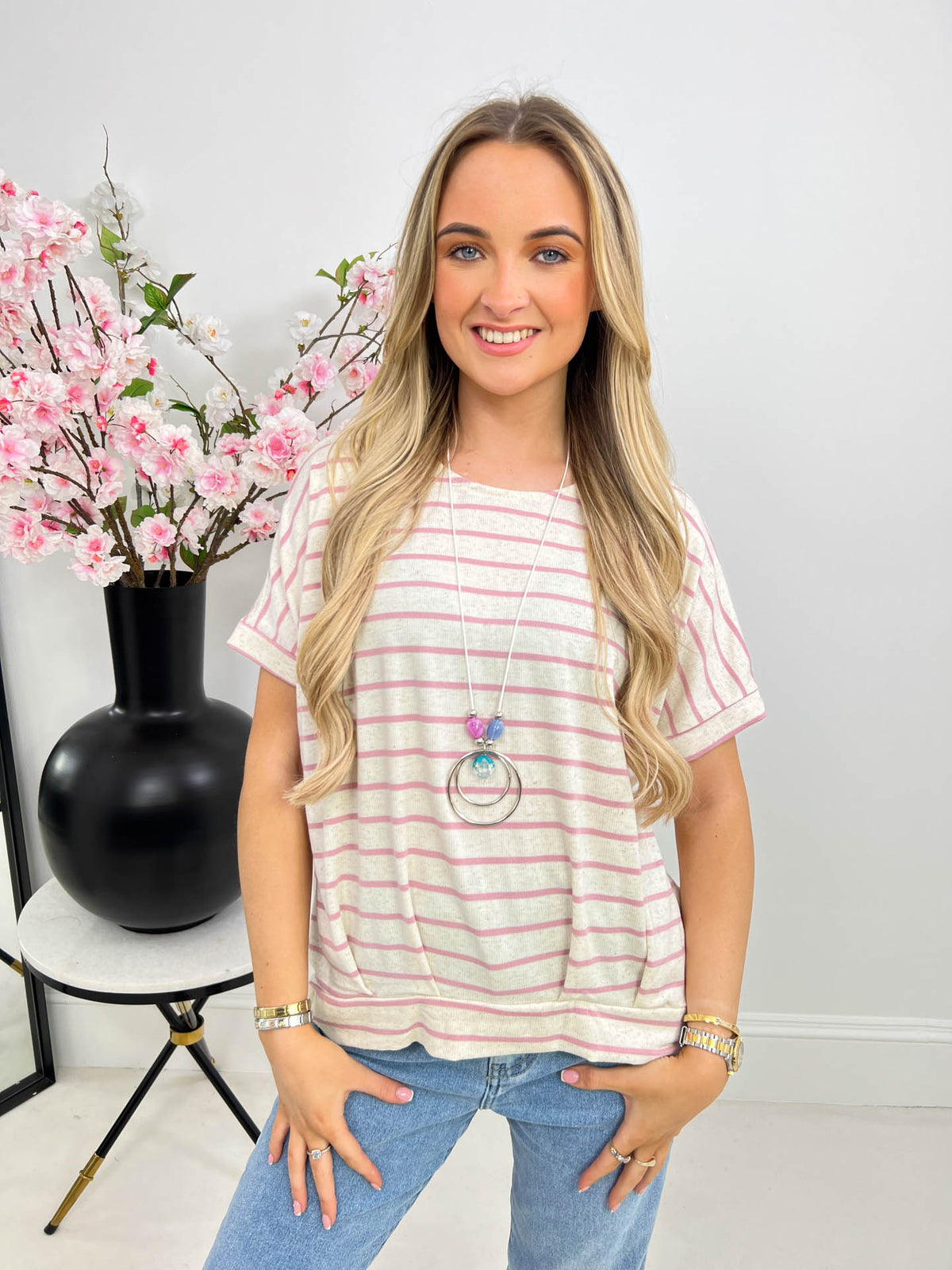 The Janice - Striped T-Shirt With Necklace