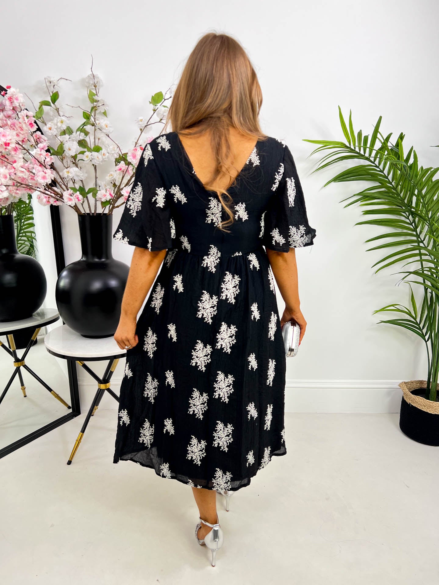 The Miriam - Black Embroidered Midi Dress