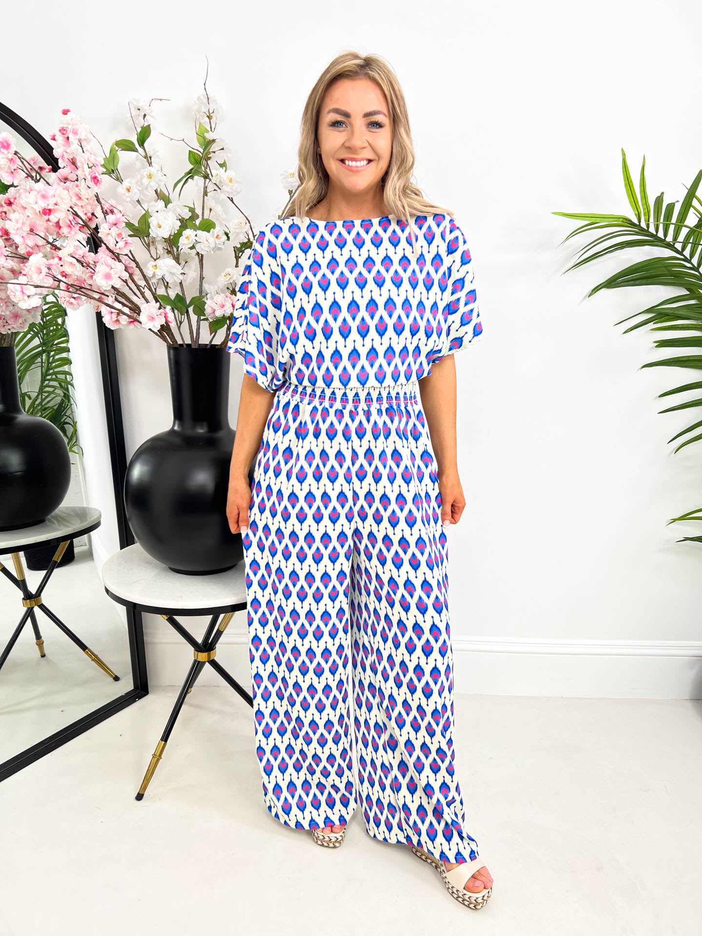 The Cleo - Feather Print Jumpsuit Two Piece Set
