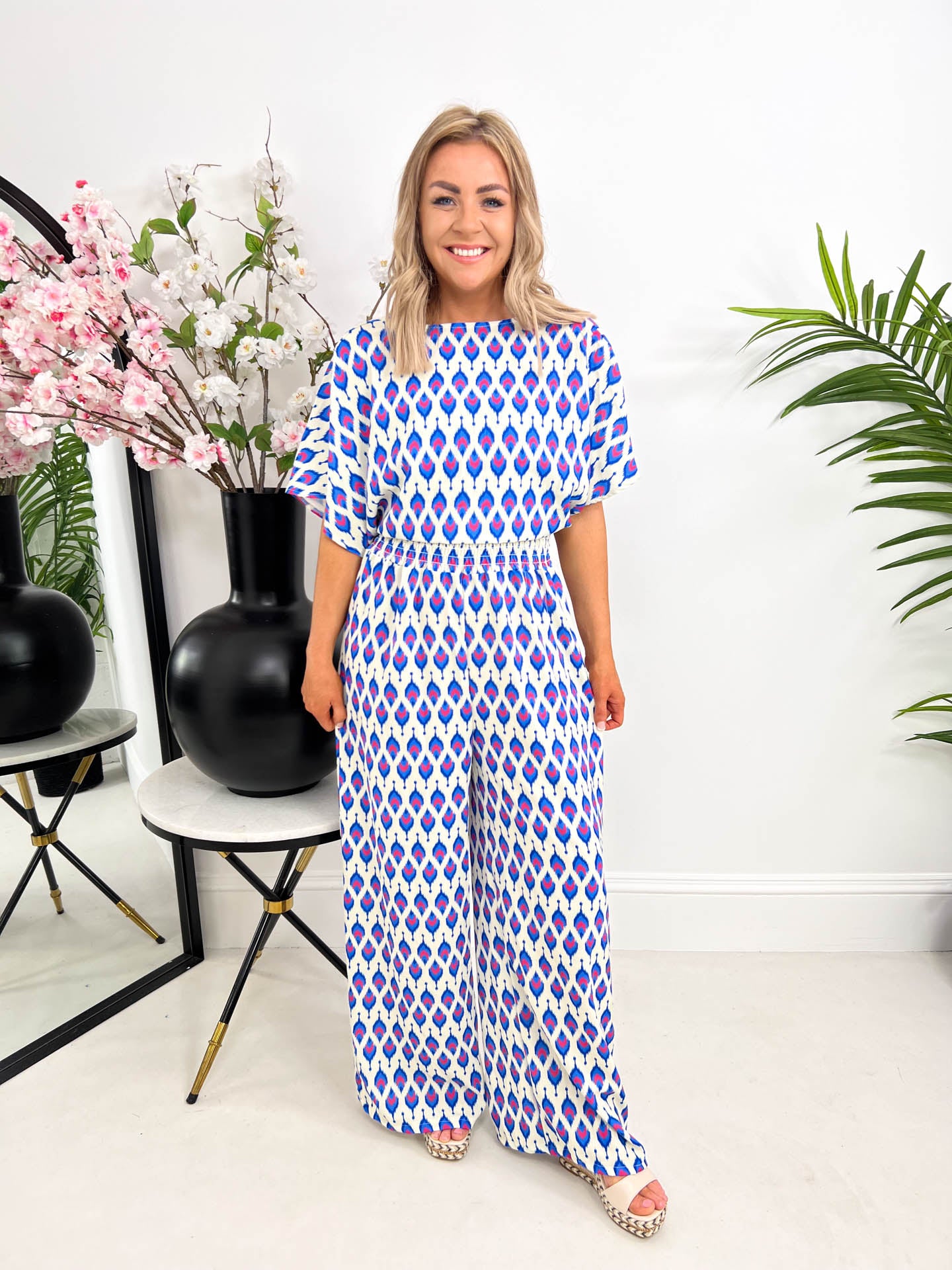 The Cleo - Feather Print Jumpsuit Two Piece Set