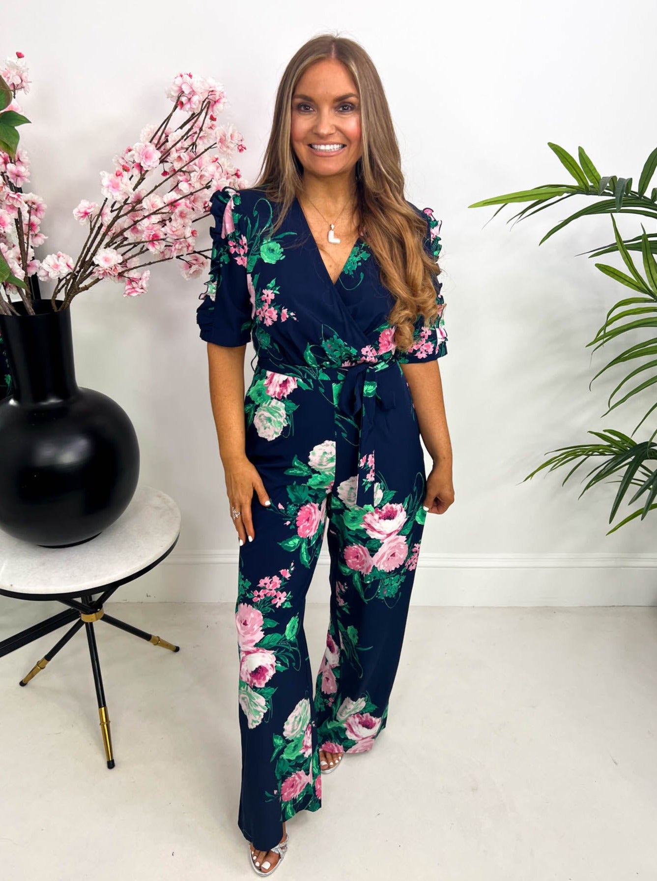 Navy floral jumpsuit deals