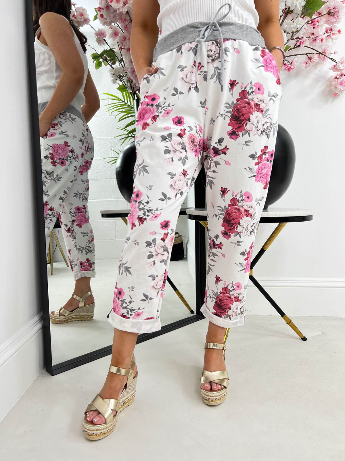 The Catherine- Pink Floral White Jogger