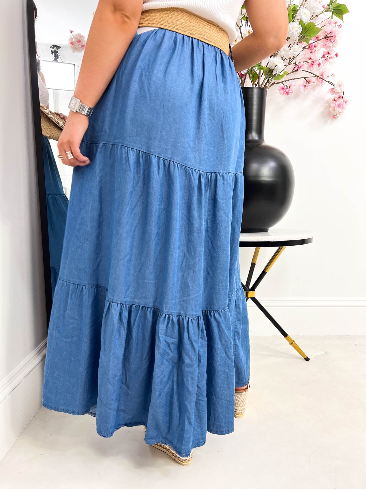 The Kelly - Denim Tiered Maxi Skirt