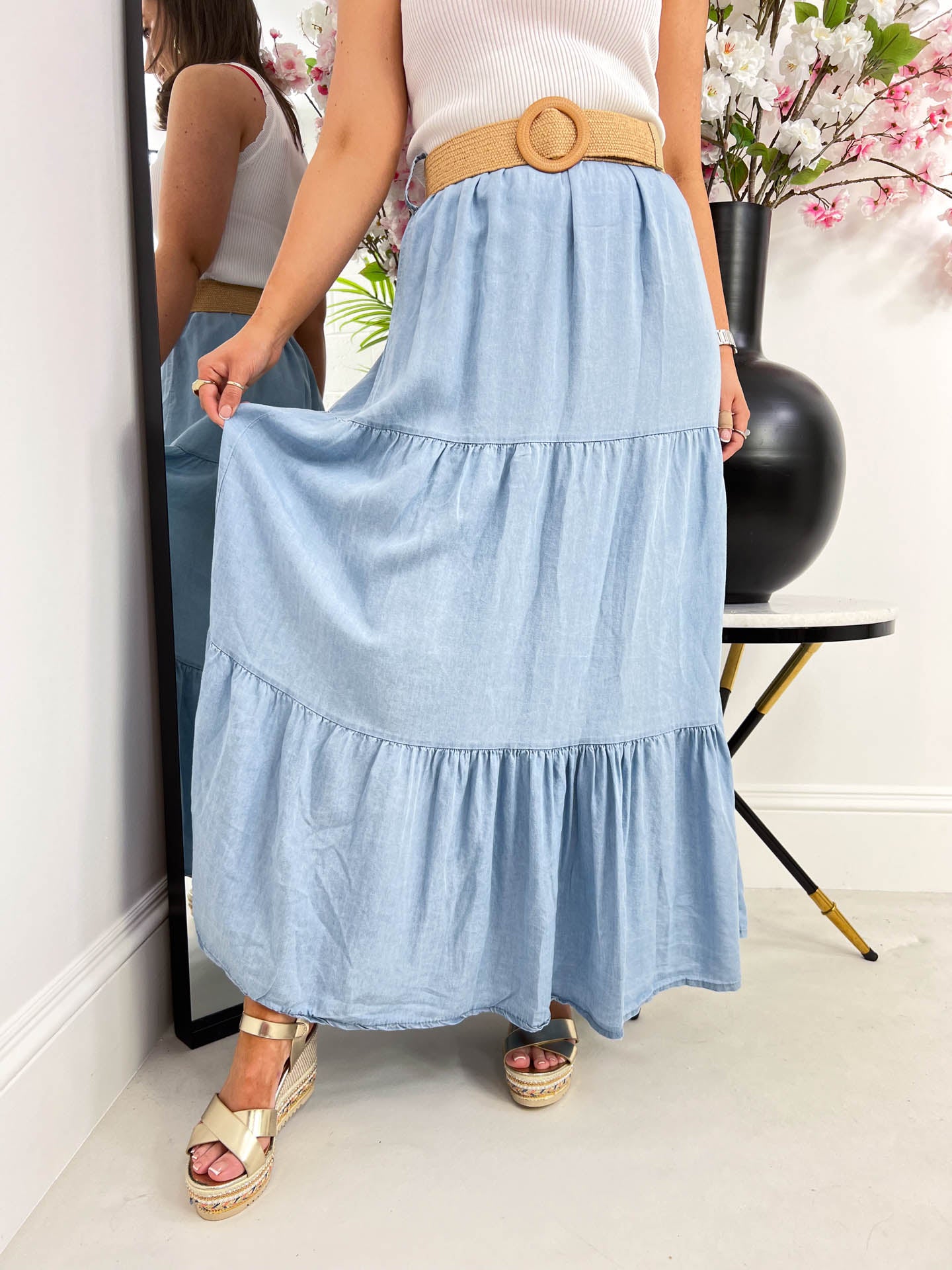 The Kelly - Denim Tiered Maxi Skirt