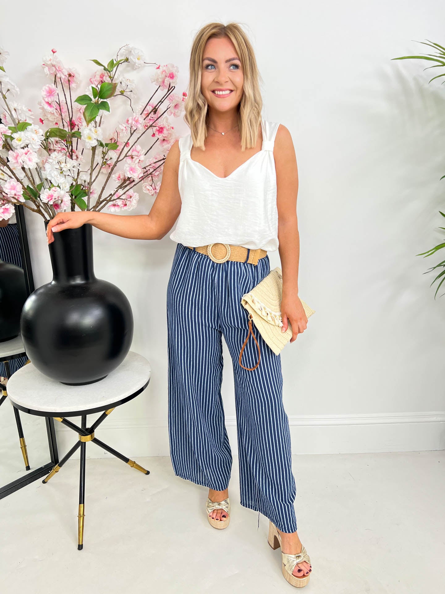 The Elsa - Striped Wide Leg Trousers With Belt