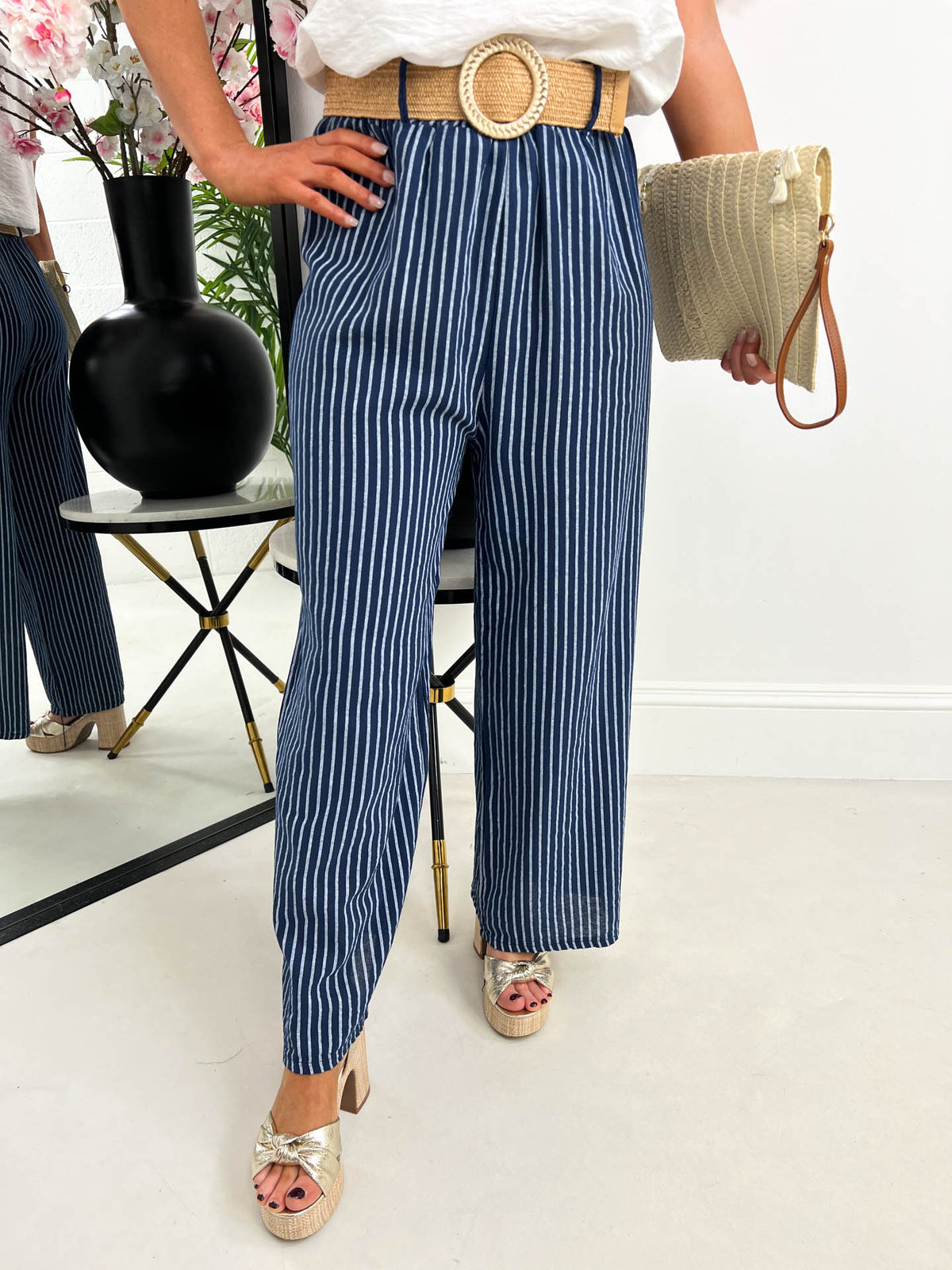 The Elsa - Striped Wide Leg Trousers With Belt