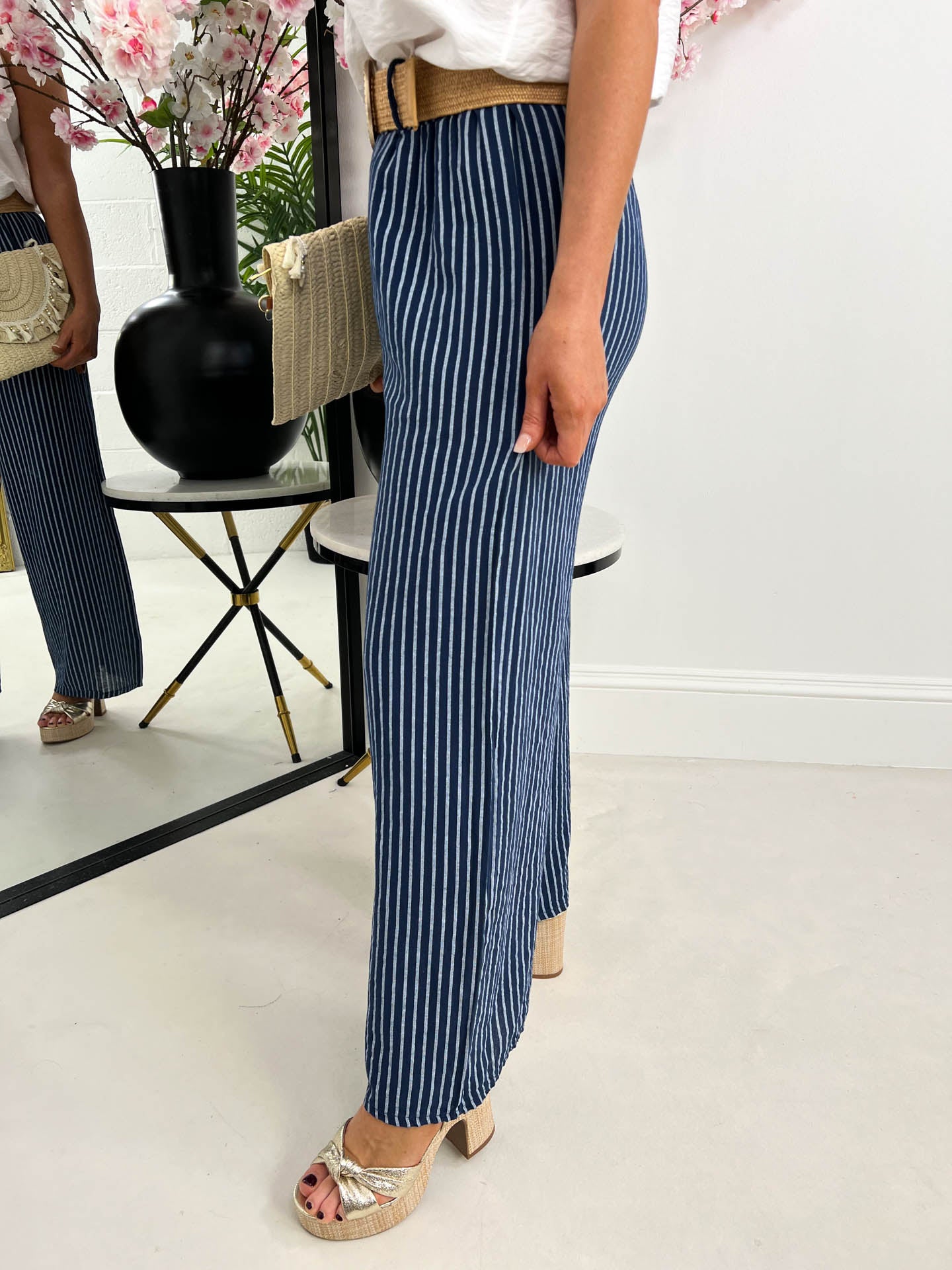 The Elsa - Striped Wide Leg Trousers With Belt