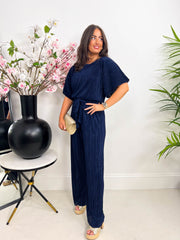 The Marjorie - Navy Pleated Batwing Jumpsuit