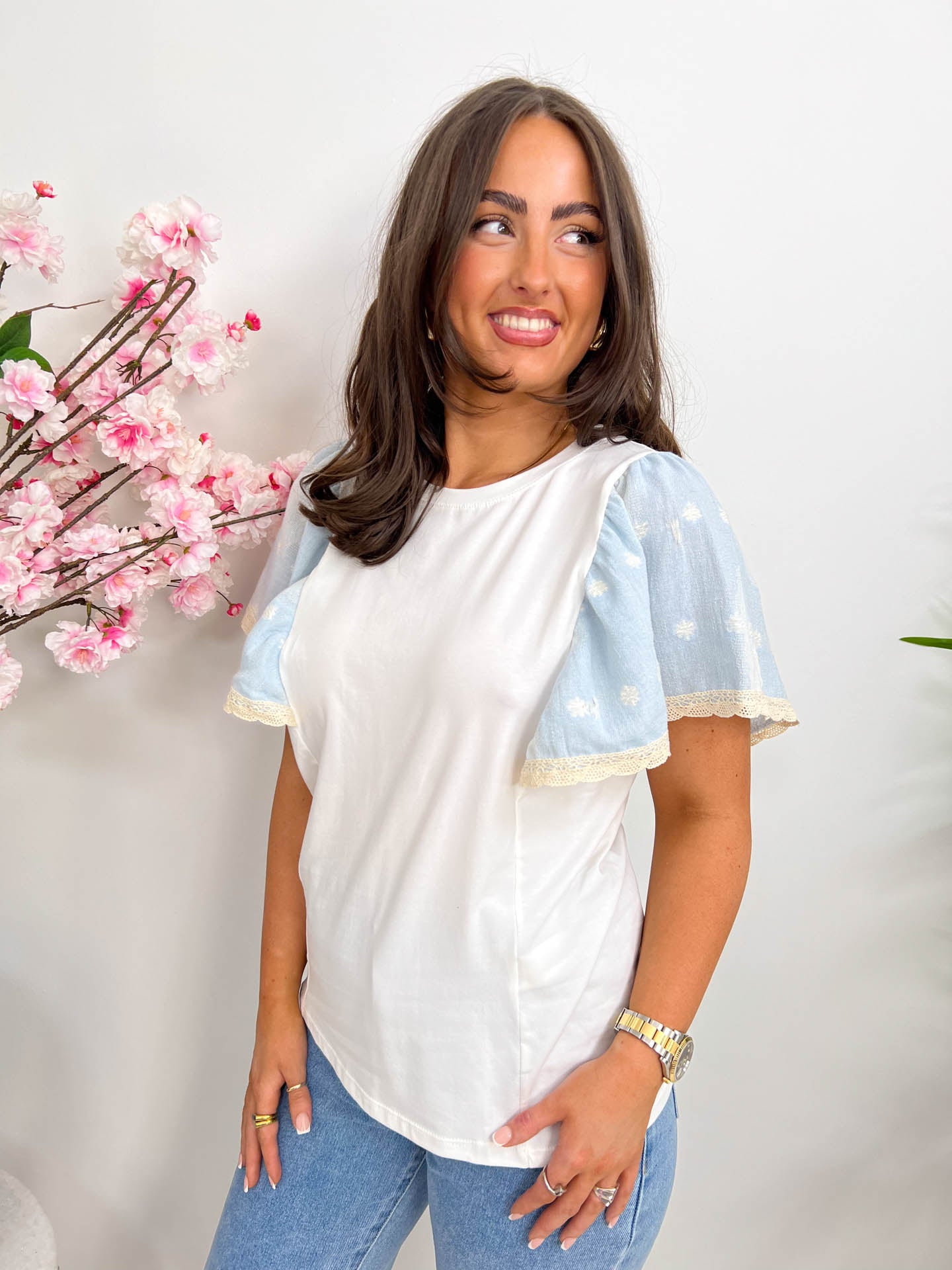 The Ariana - Blue Lace Trim Sleeve T-Shirt