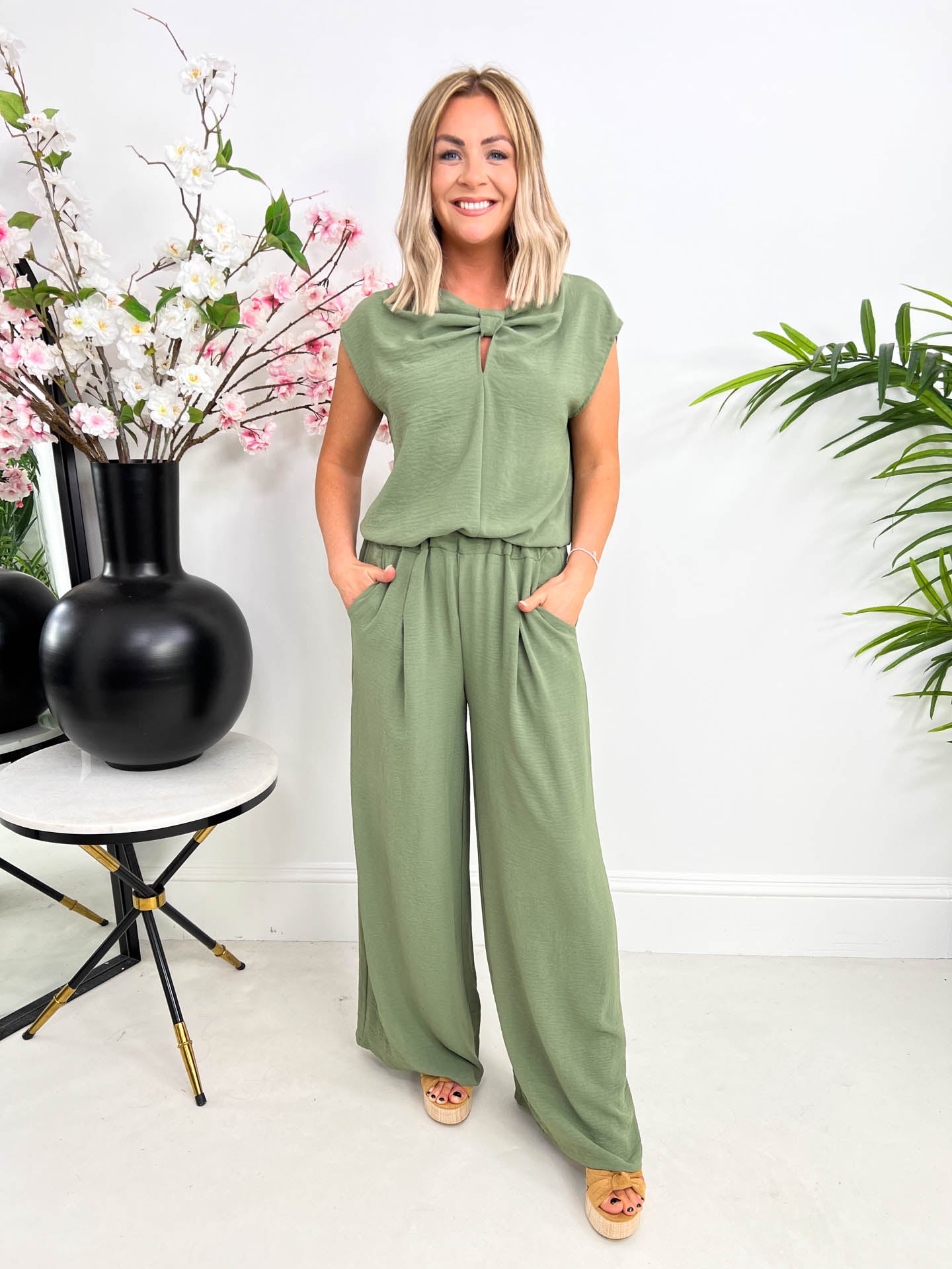 The Calista - Detail Blouse Top with Wide Legged Trousers