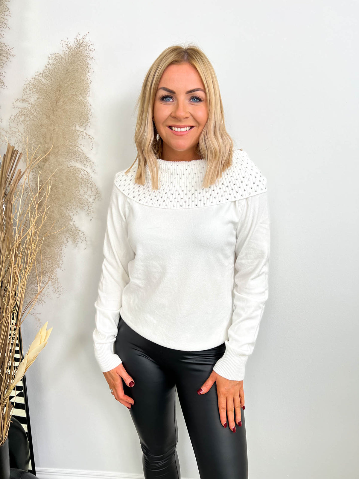 The Rhea- White Off Shoulder Sweatshirt with Diamante Detailing