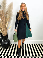 The Nancy - Black Knitted Dress with Green Detailing