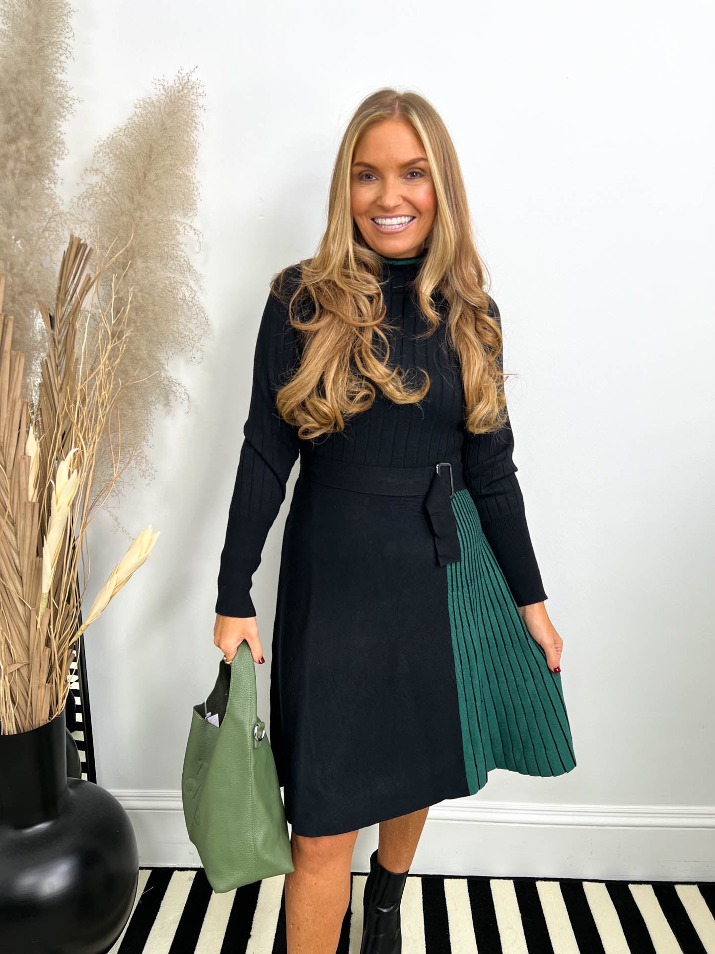 The Nancy - Black Knitted Dress with Green Detailing