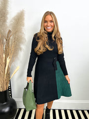 The Nancy - Black Knitted Dress with Green Detailing