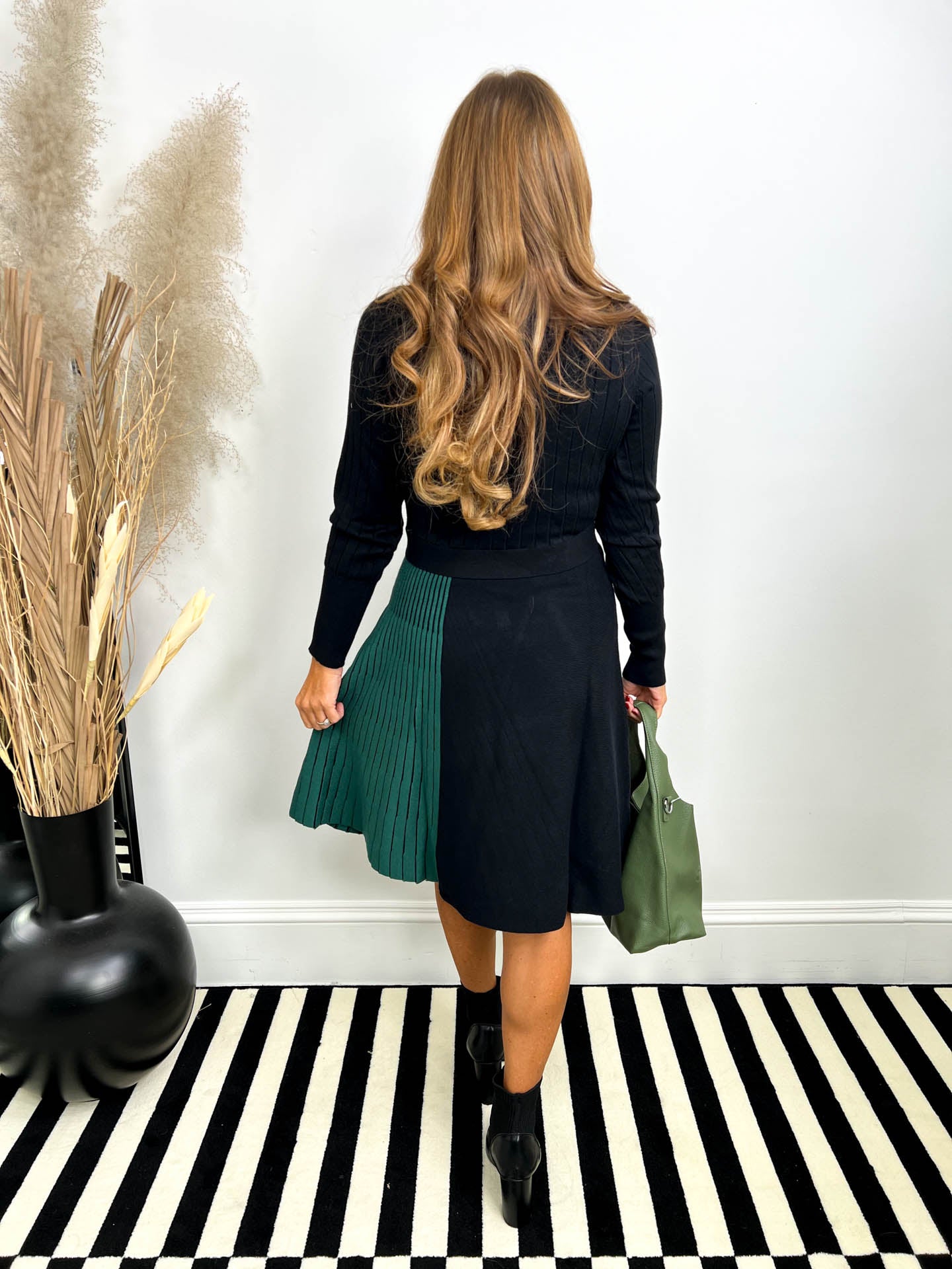 The Nancy - Black Knitted Dress with Green Detailing