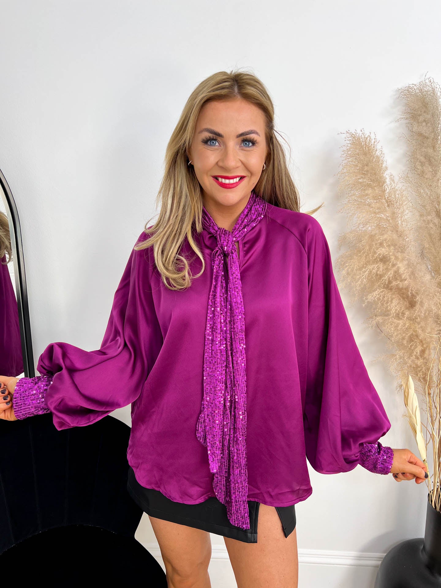 The Bella - Sequin Bow Satin Blouse