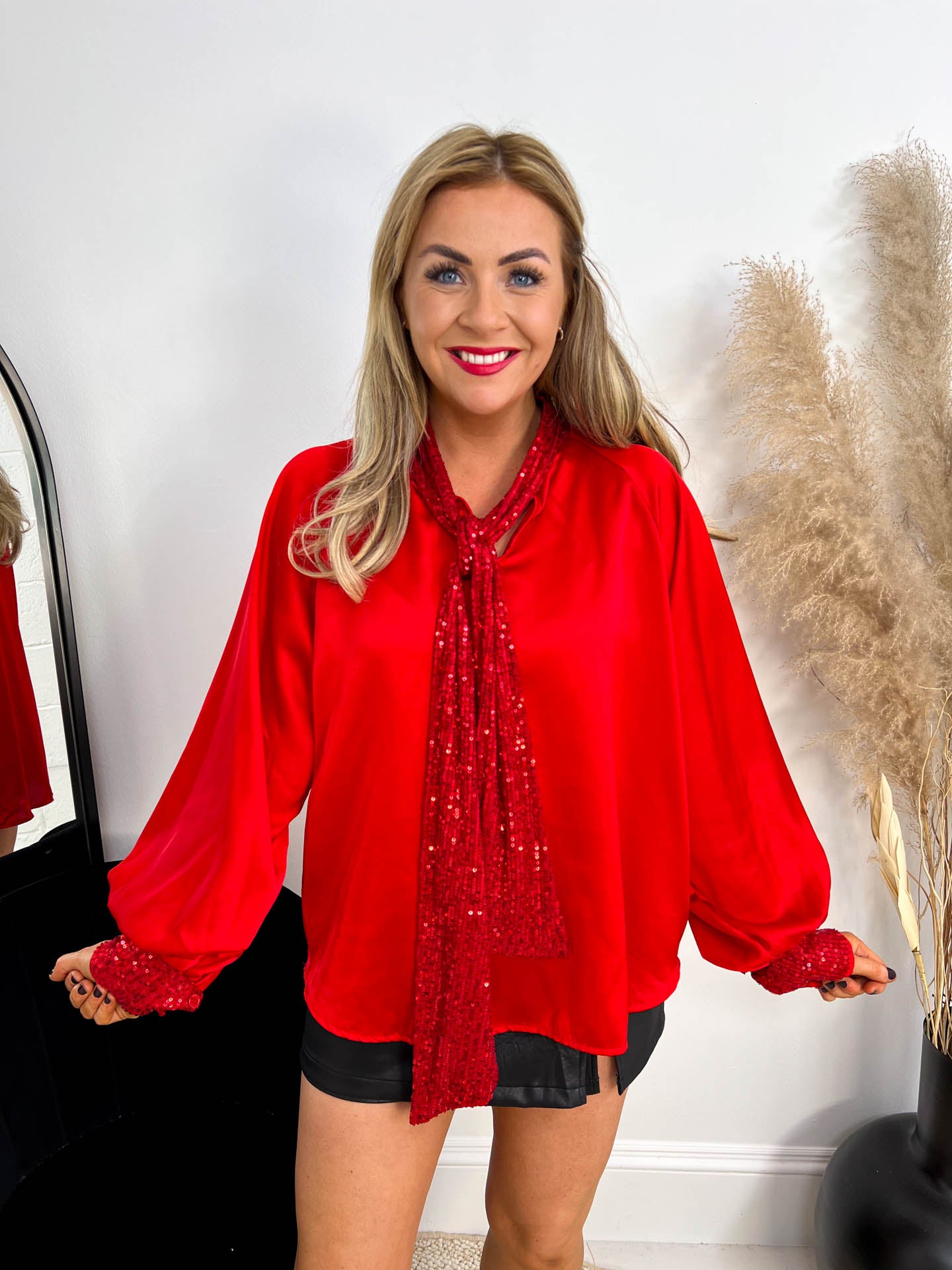 The Bella - Sequin Bow Satin Blouse