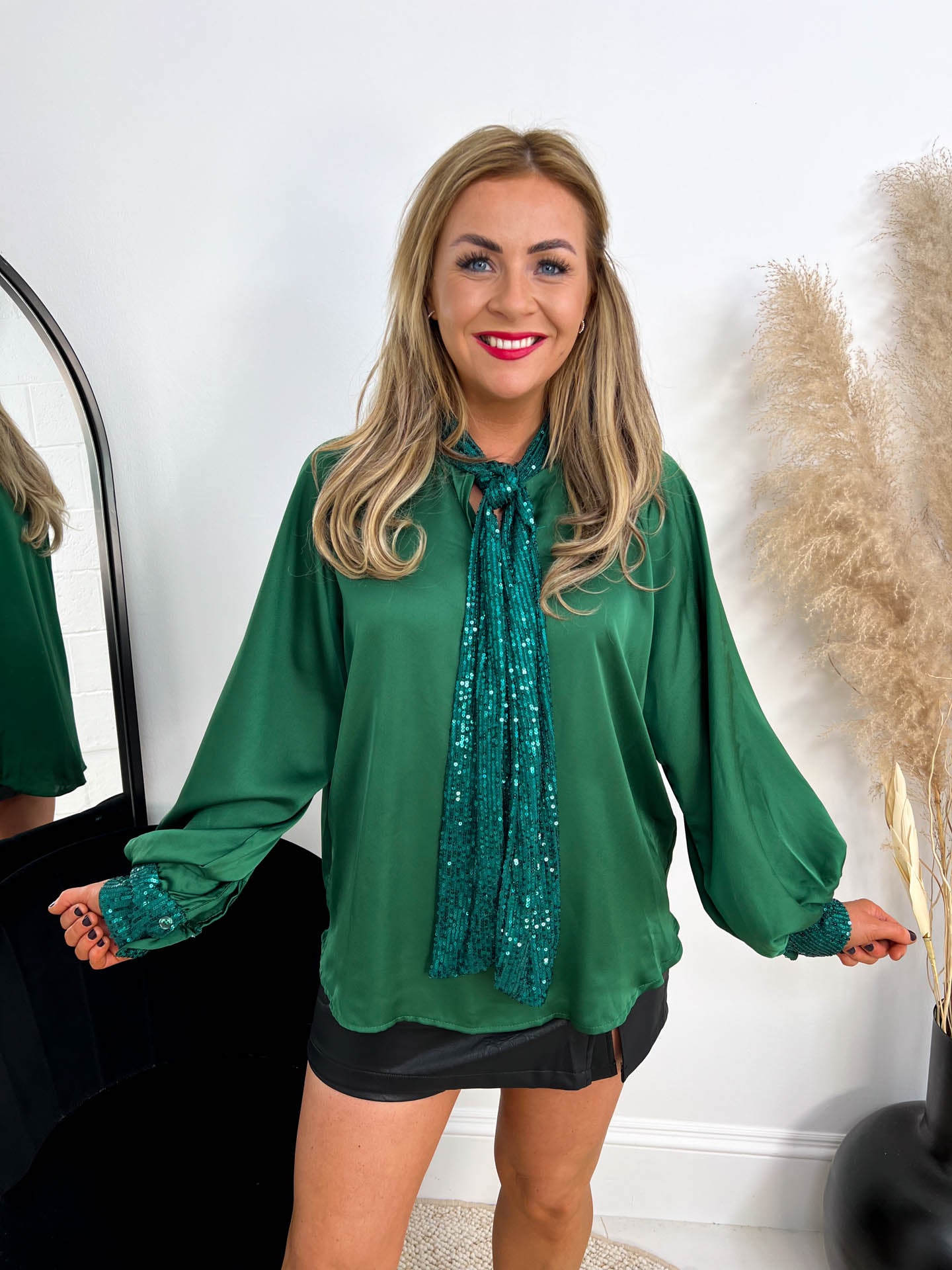 The Bella - Sequin Bow Satin Blouse