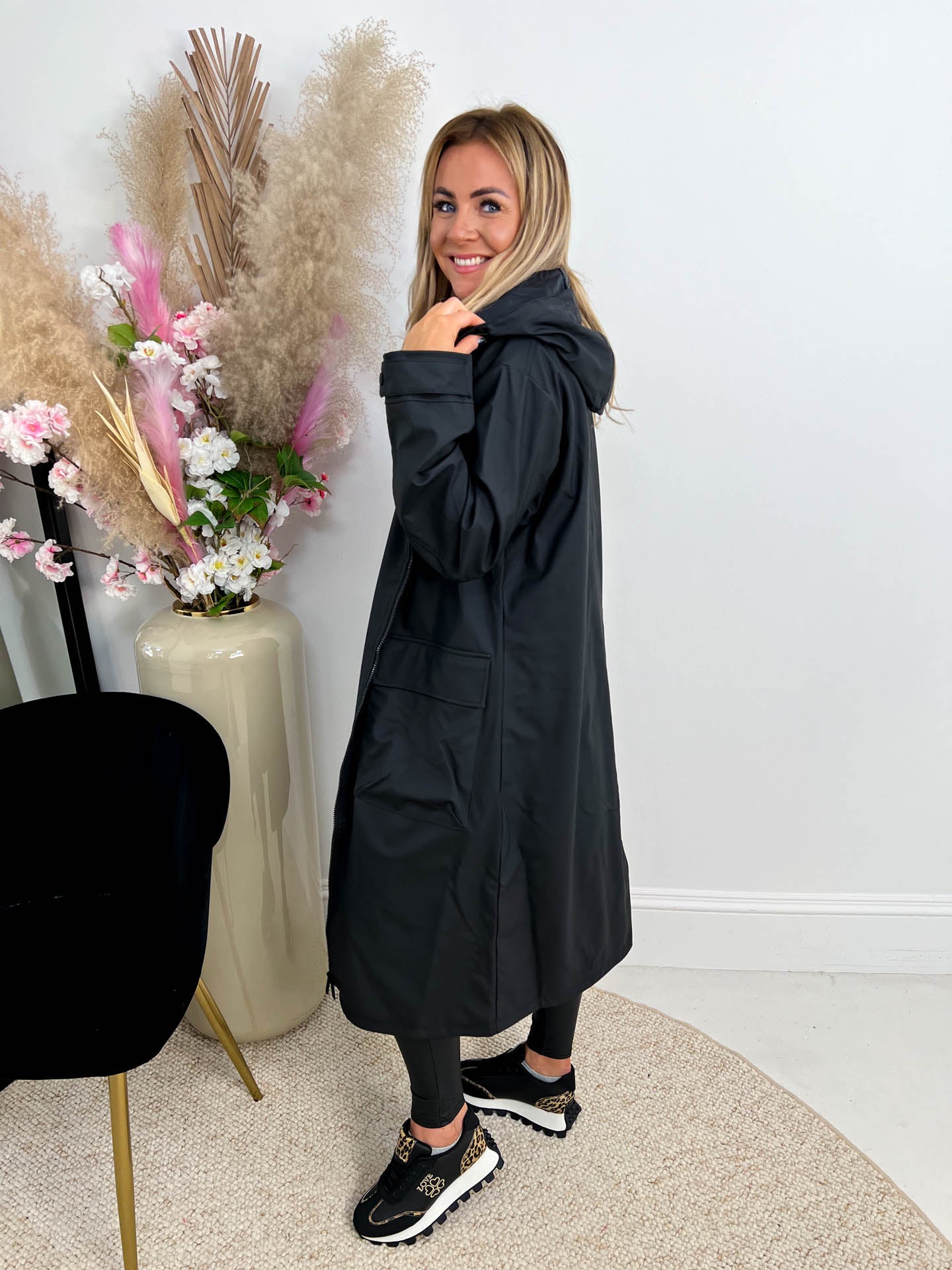 The Lilah - Black Longline Hooded Rain Jacket