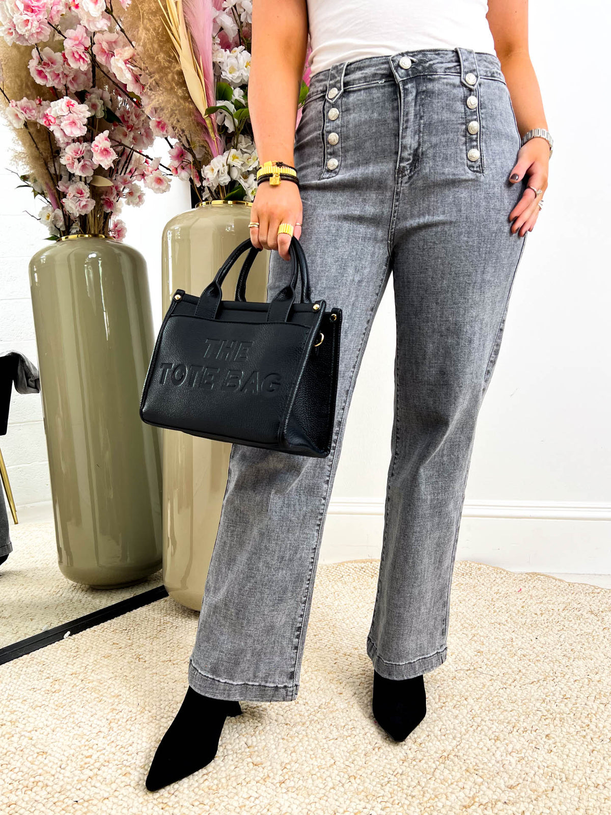 The Alice - Grey Button Detailing Straight Leg Jeans