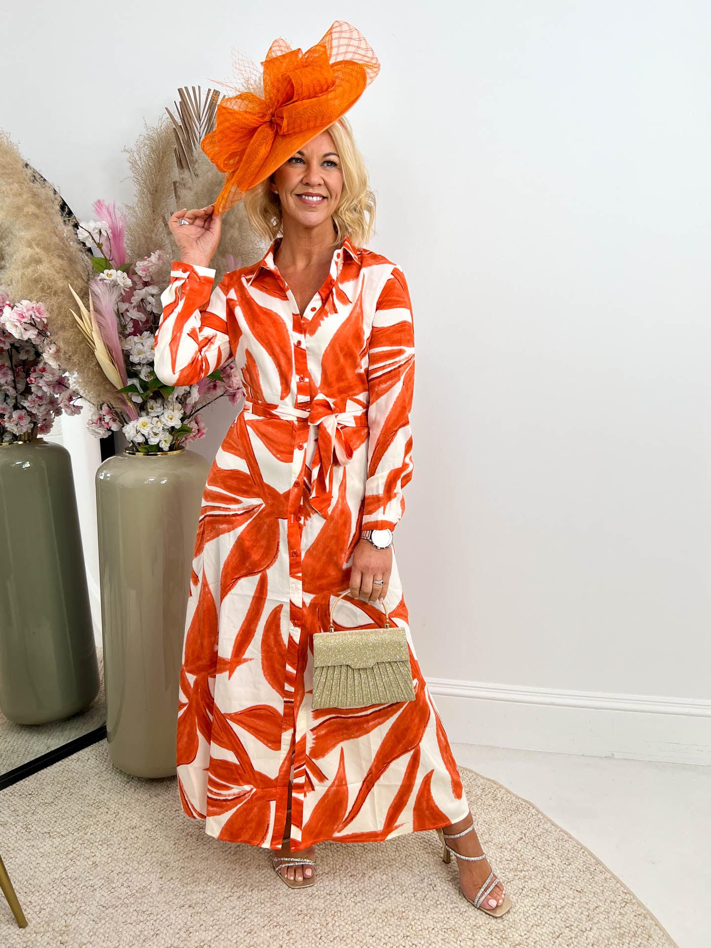 The Brianna - Orange Printed Maxi Shirt Dress