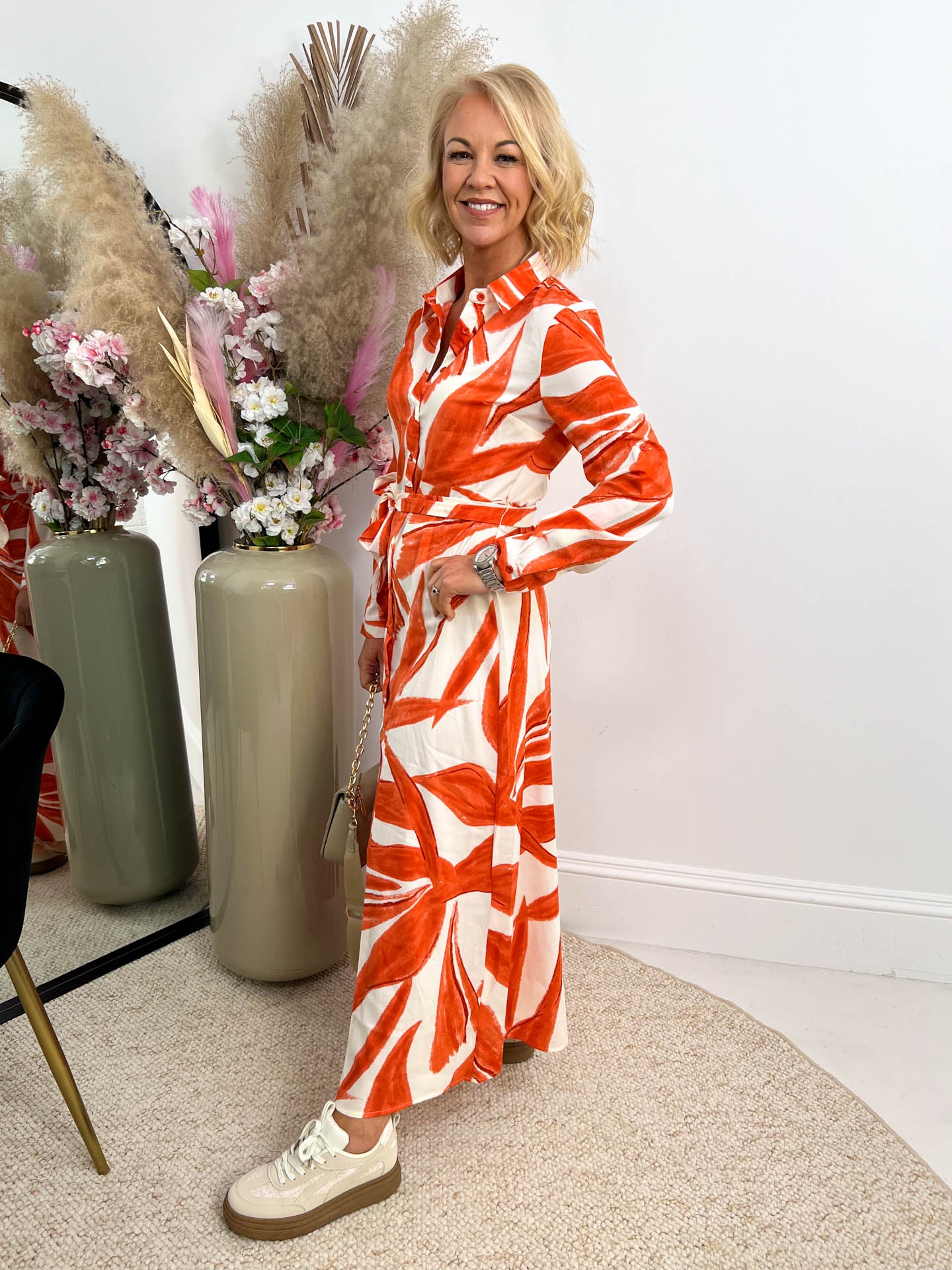 The Brianna - Orange Printed Maxi Shirt Dress