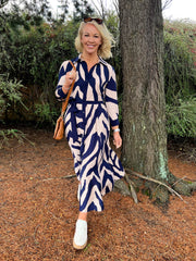 The Marlo - Navy Animal Print Maxi Shirt Dress