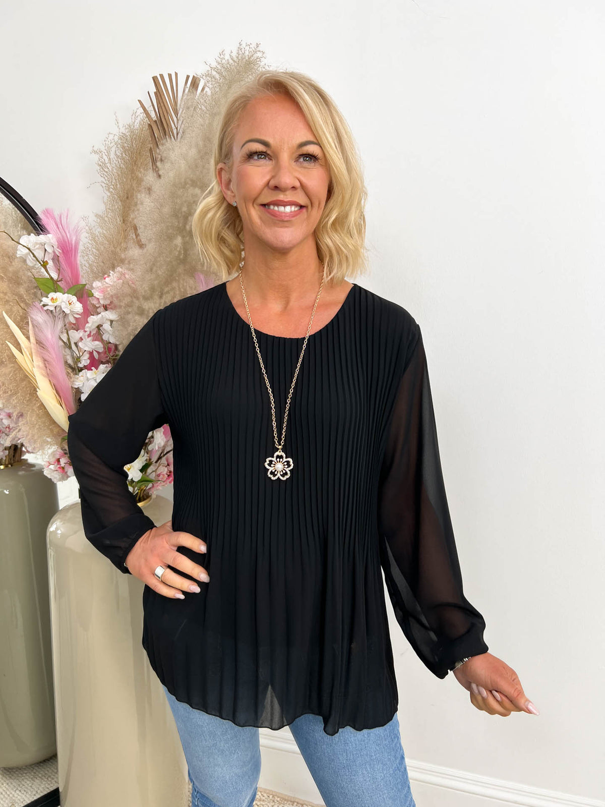 The Lynne - Pleated Blouse with Necklace