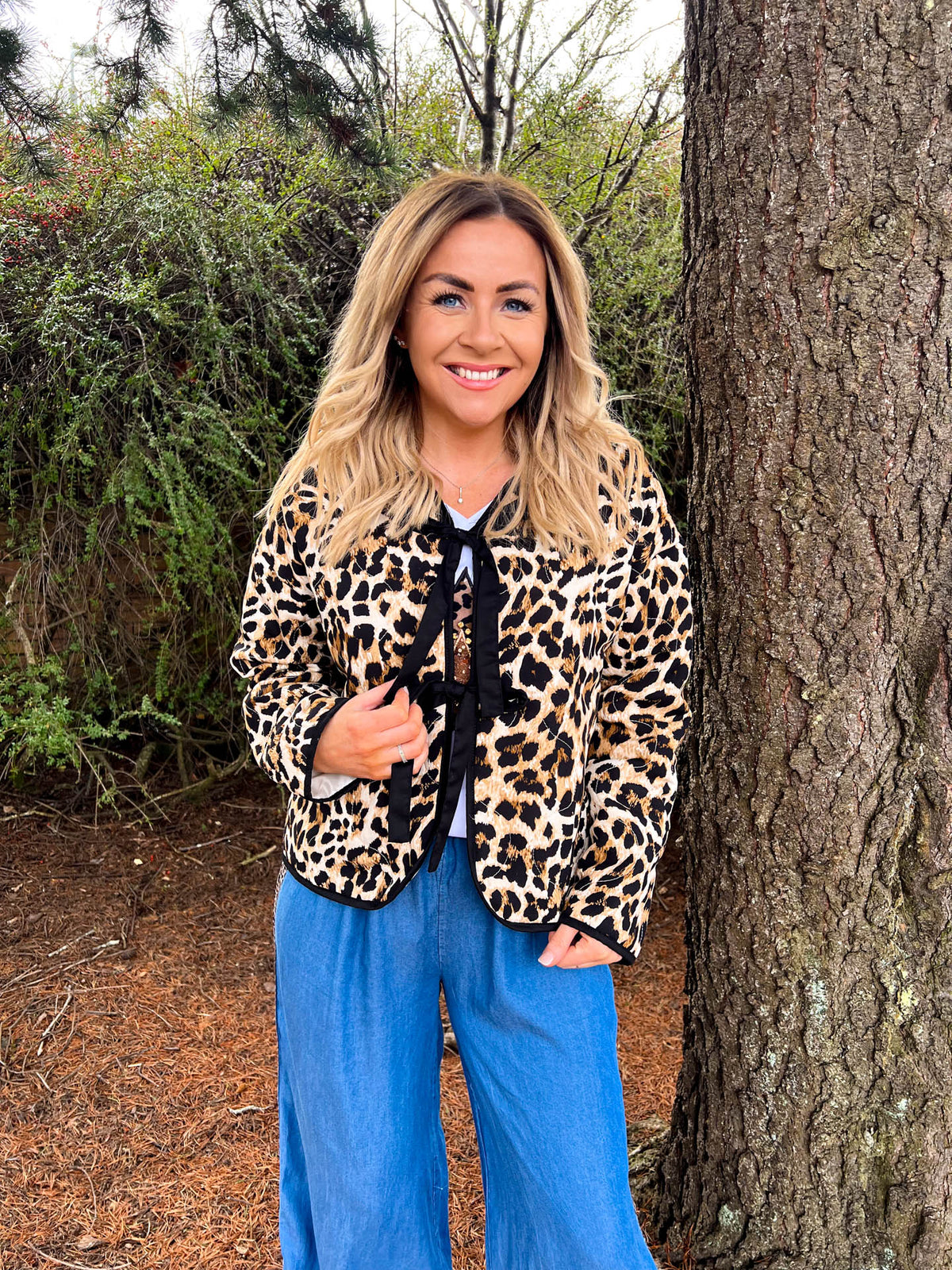 The Leona - Leopard Print Front Tie Padded Jacket