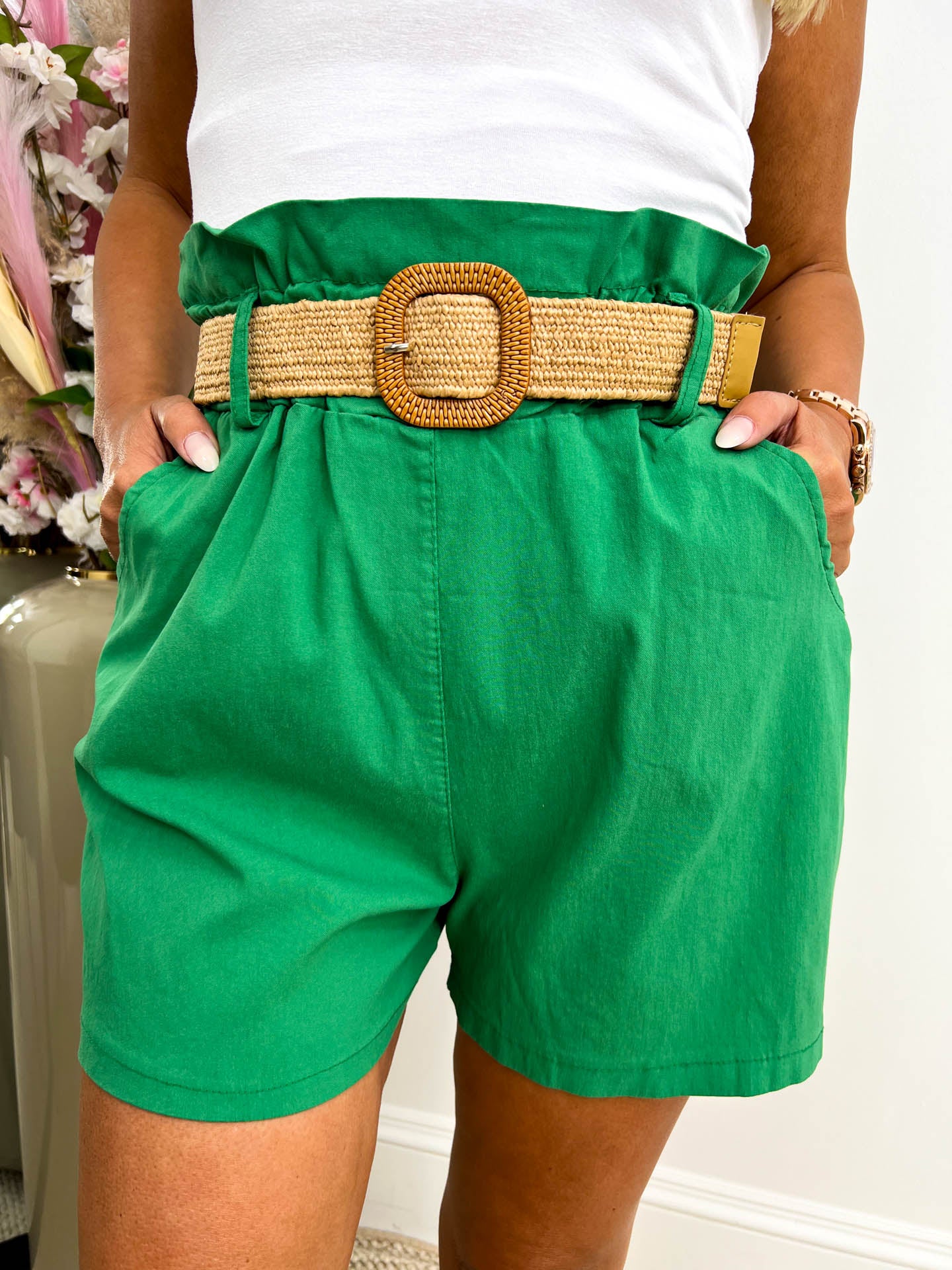 The Rhona - High Waisted Shorts with Woven Belt