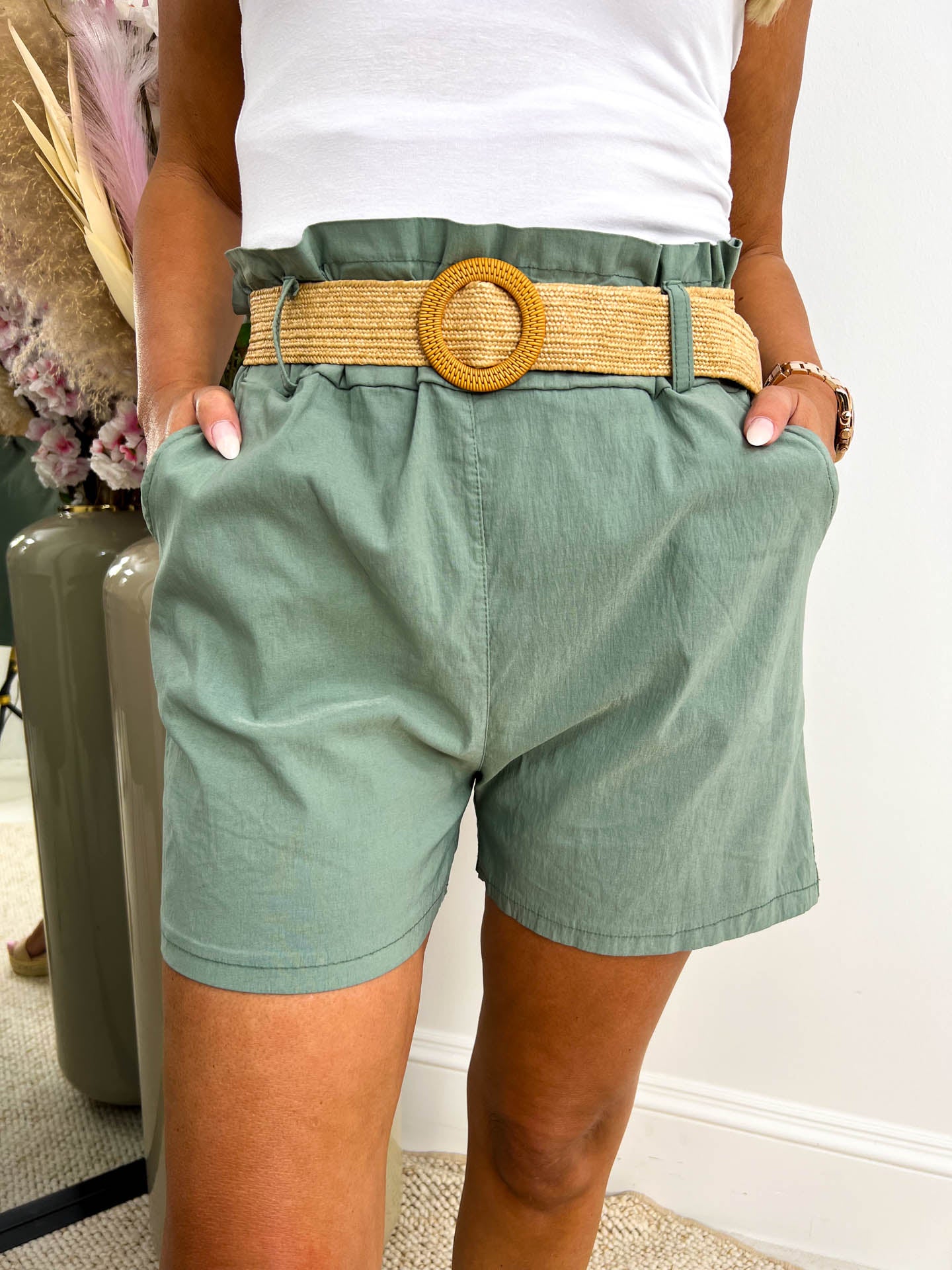 The Rhona - High Waisted Shorts with Woven Belt