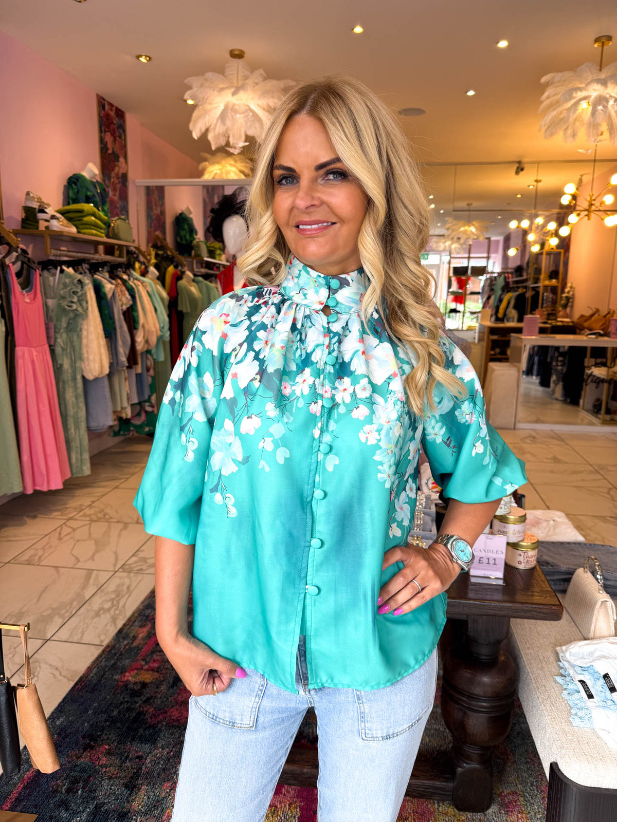 The Erin - Teal Flower Print Blouse