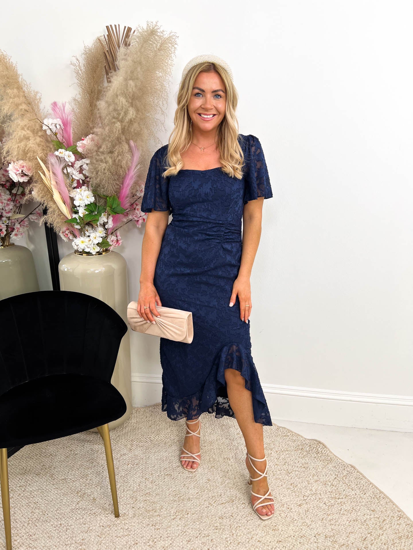 The Elaine - Navy Ruched Midi Dress