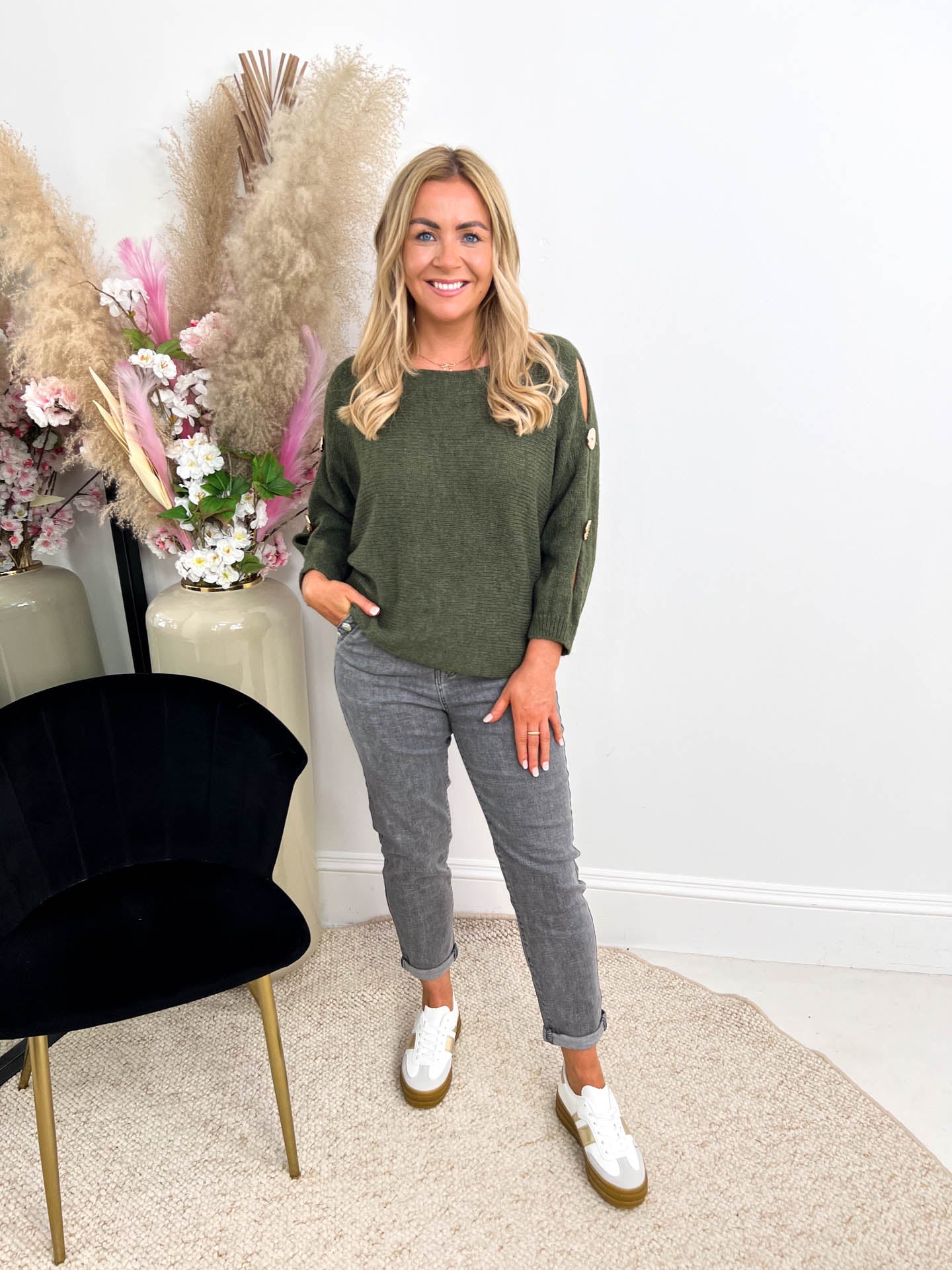 The Ainsley - Gold Button Sleeve Knit