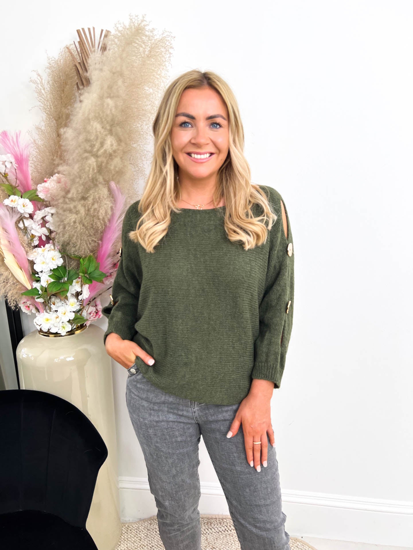 The Ainsley - Gold Button Sleeve Knit