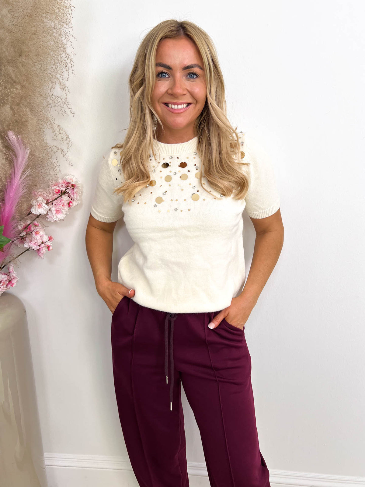 The Emilie - Embellished Short Sleeve Knit Top