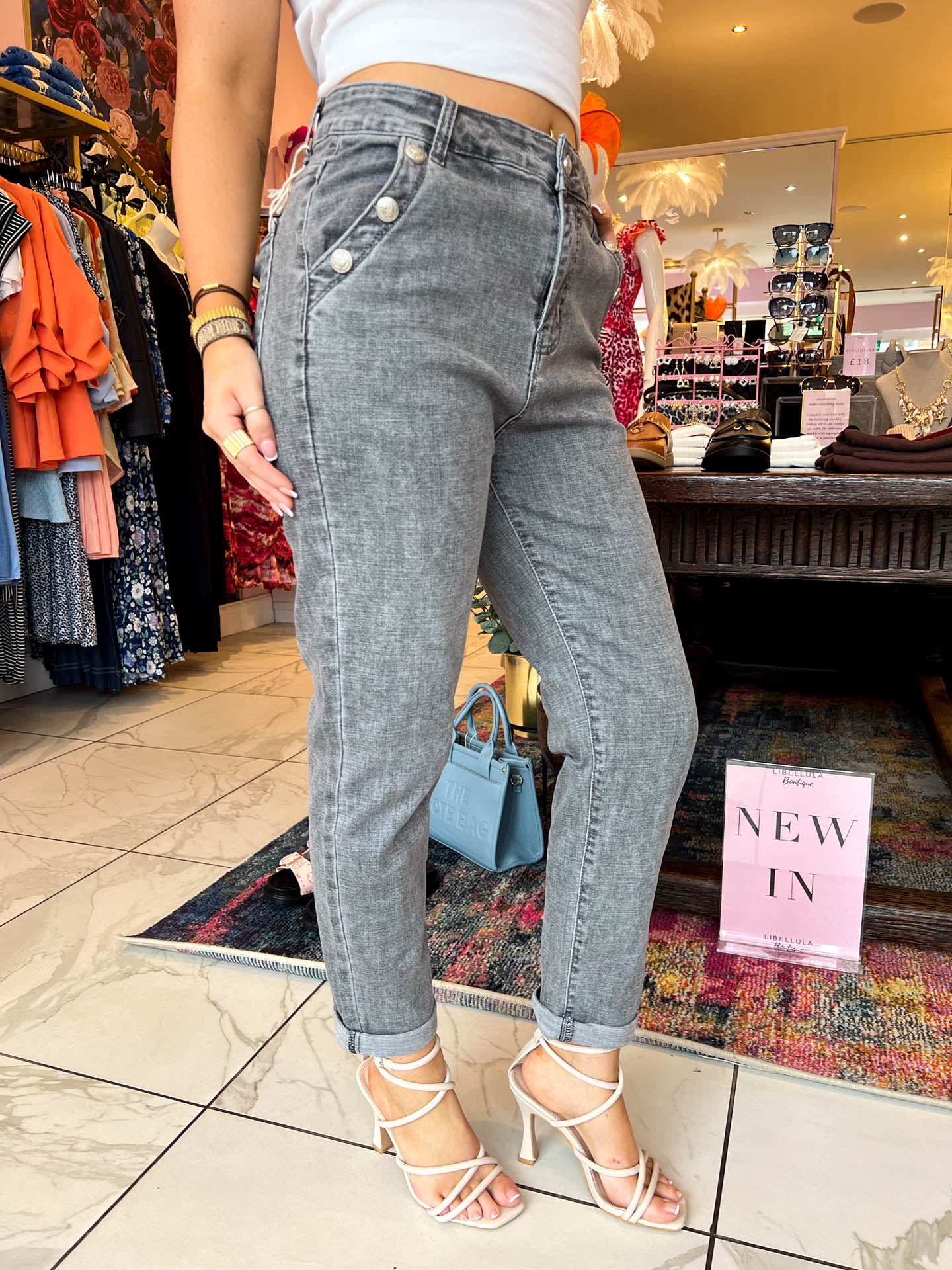 The Felicia - Grey Carrot Jeans with Button Detailing