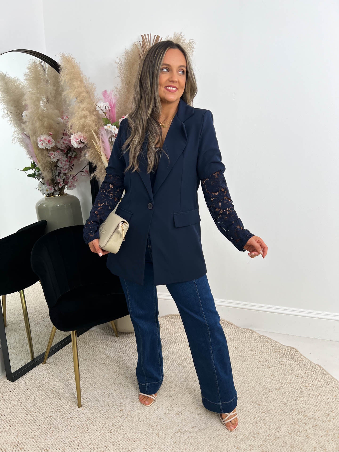 The Alix - Navy Lace Sleeve Blazer