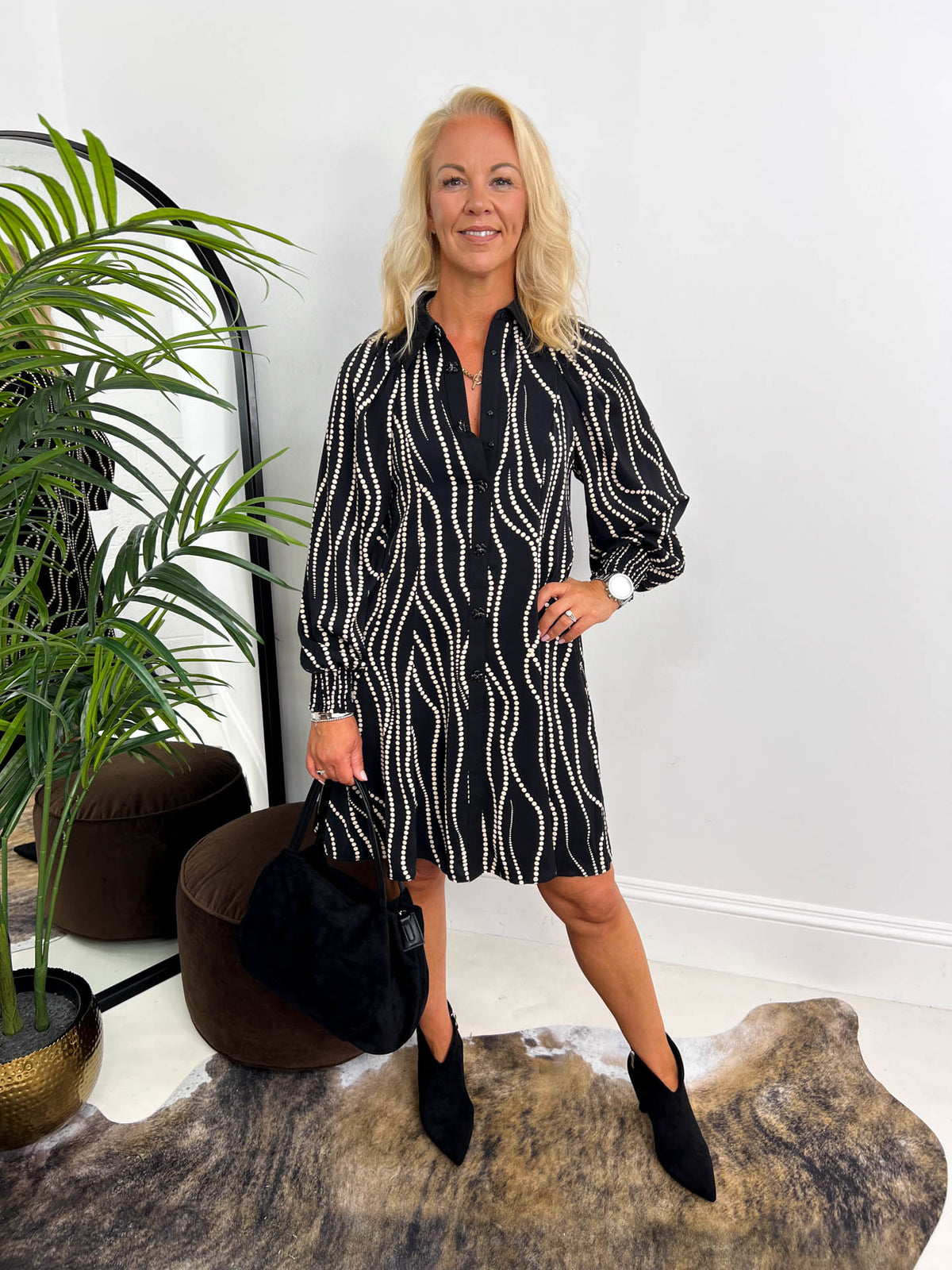 The Harmony - Black & Beige Speckle Shirt Dress