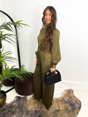 The Mary - Green Satin Long Sleeve Jumpsuit
