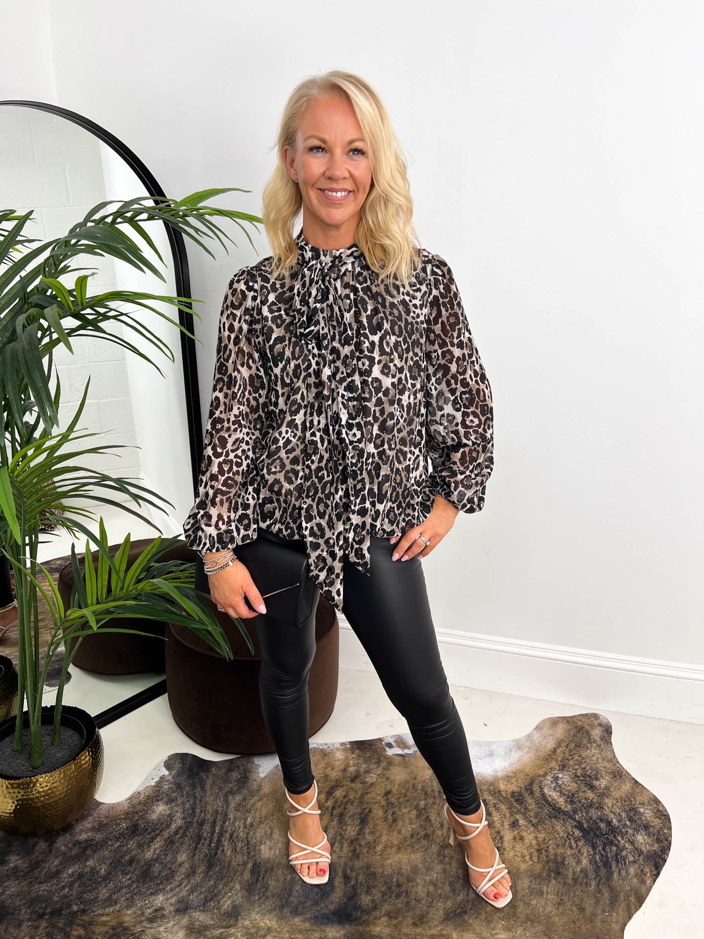 The Bethany - Leopard Print  Tie Neck Floaty Blouse