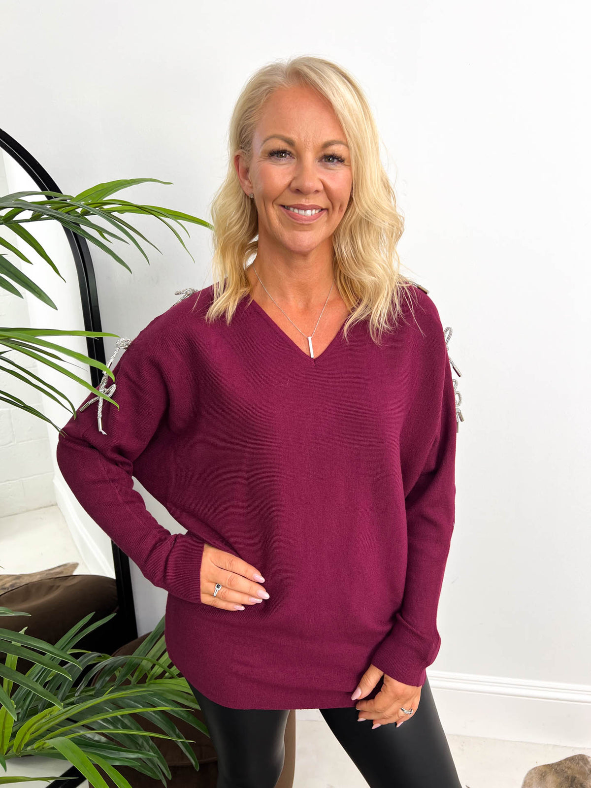 The Boux - Diamante Bow Detail Sleeve Knit