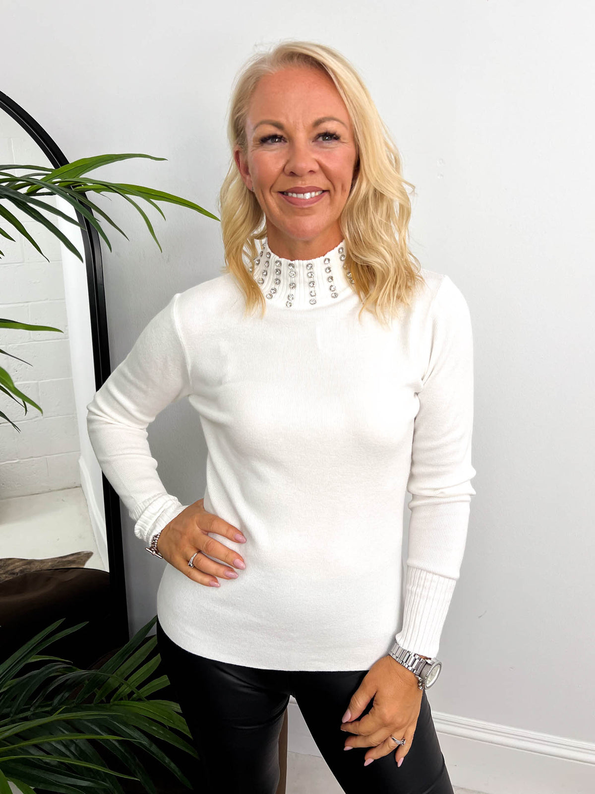 The Tia - Diamanté High Neck Knit Top