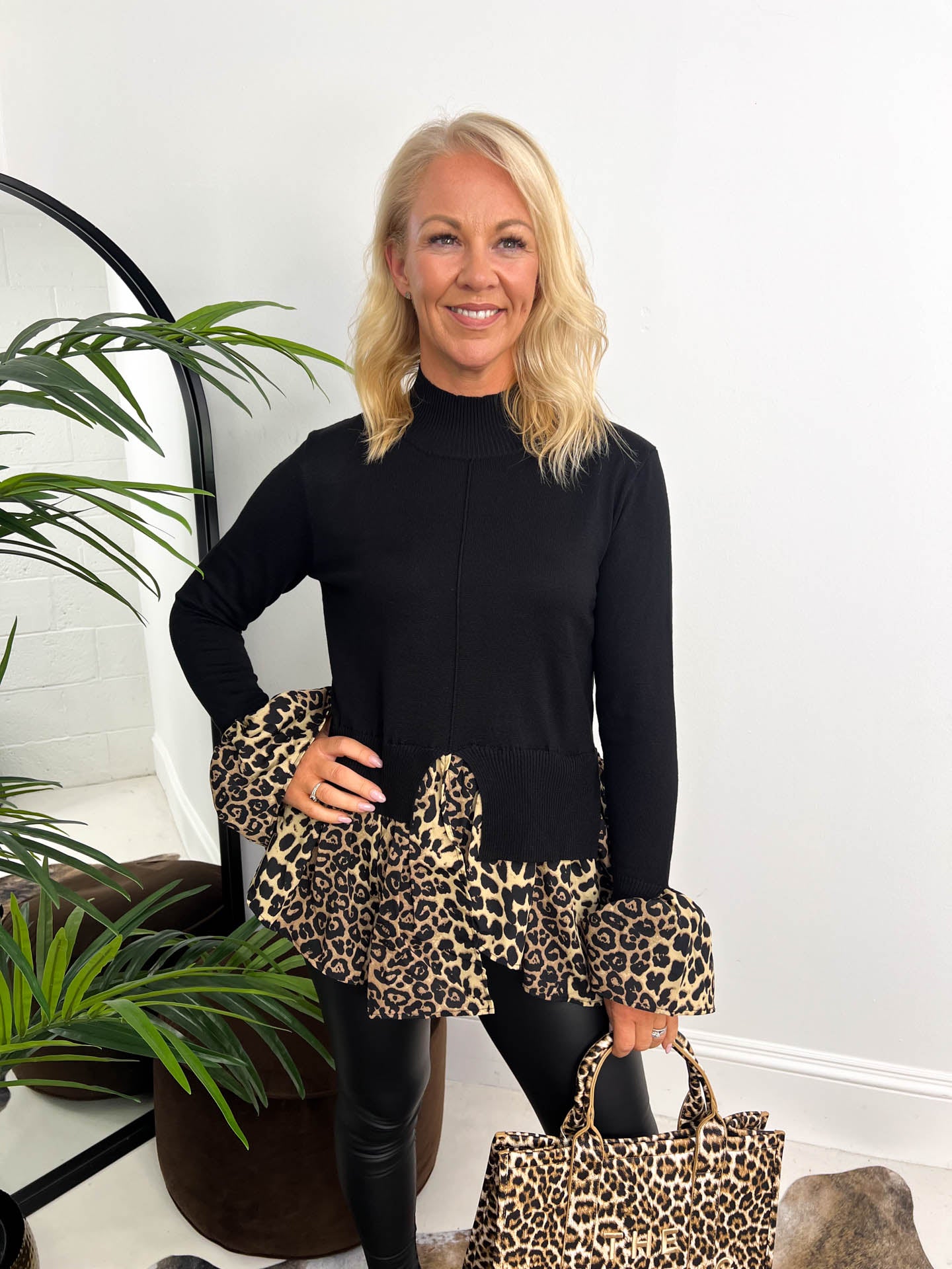 The Terra - Knitted Top with Leopard Print Shirt Attachment